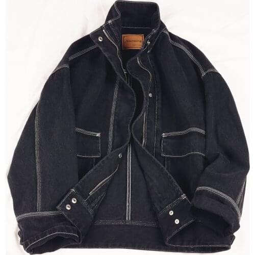 Spring Oversized Loose Black Denim Jacket Coat Women Short Outerwear Korean Long sleeve Big pocket Zipper Jeans Jackets Female
