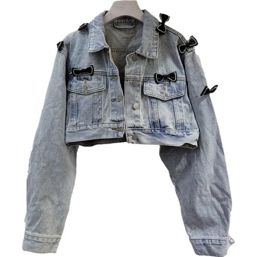 Autumn Removable Vintage Blue Extra Short Denim Jackets Women Removable Bow Outerwear Slim High Waist Jeans Jacket Coat Female