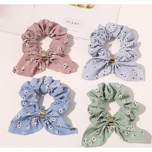 Fashion Ladies Headwear Metal Buckle Floral Chiffon Rabbit Ears Bow Ponytail Holder Elastic Hair Band Scrunchies for Girls
