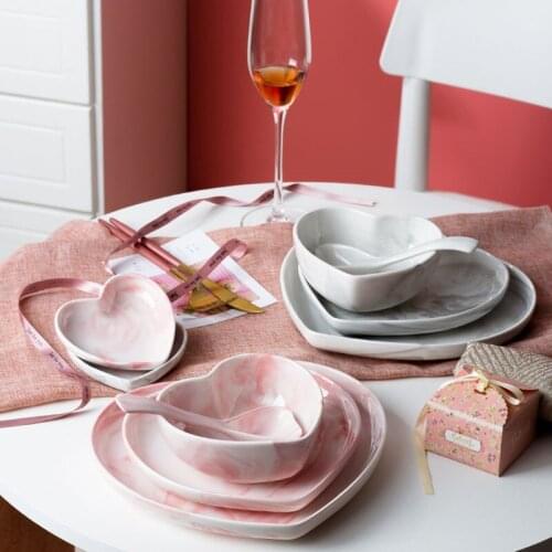 Nordic Marble Heart Shape Dinner Plate Dessert Dish Food Rice Soup Noodle Bowl Jewelry Dish Tray Ceramic Kitchen Dinnerware Set