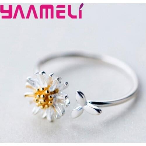 Open-ended Adjustable Female Ring Plant Chrysanthemum Pattern 925 Sterling Silver Jewelry Party Accessories
