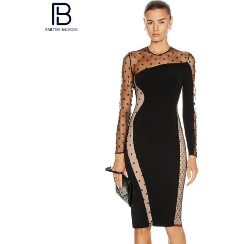 PB Stylish Polka Dot Mesh Design Dress O Neck Long Sleeves Celebrity Party Club Bandage Vestido Free Shipping