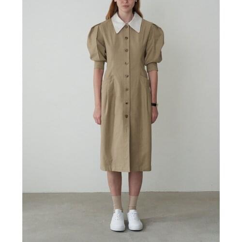 Summer Elegant Temperament Puff Sleeve Detachable Collar Doll Collar Button French Two-color Dress