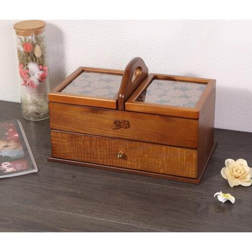 Carved Flowers Retro Wooden Sewing Basket Storage Box Organizers Jewelry