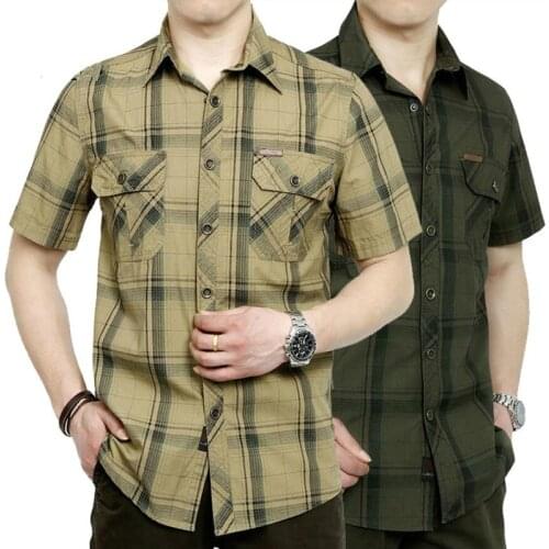 Brand Army Military Shirt Men 2020 Summer 100% Cotton Plaid Short Sleeve Mens Shirts Plus Size 4XL 5XL Camisa masculina
