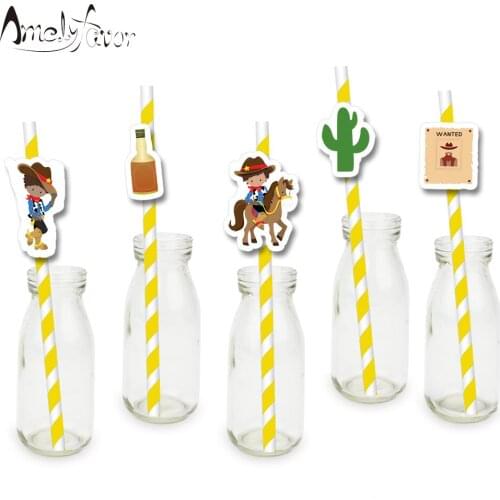 Cowboy Theme Party Paper Straws Western Cowboys Wine Cactus Wanted Drinking Straws Event Birthday Party Decorations Supplies