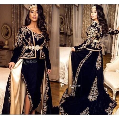 Navy Blue Kaftan Caftan Evening Formal Dresses with Overskirt 2020 Long Sleeve Karakou algerien Gold Lace Applique Prom Gowns