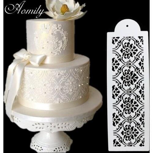 Aomily 3pcs/set Cake Stencil Damask Lace Border Birthday Cake Side Cupcake Wedding Party Sugar Craft Decoration Baking Tool