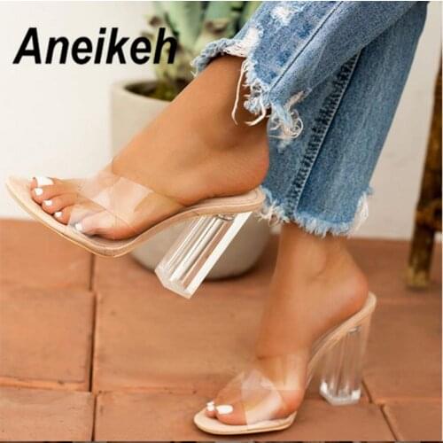 Aneikeh New Shoes Woman Sandals PVC Jelly Crystal Heel Transparent Sexy Clear High Heels Summer Sandals Pumps Shoes Size 41 42