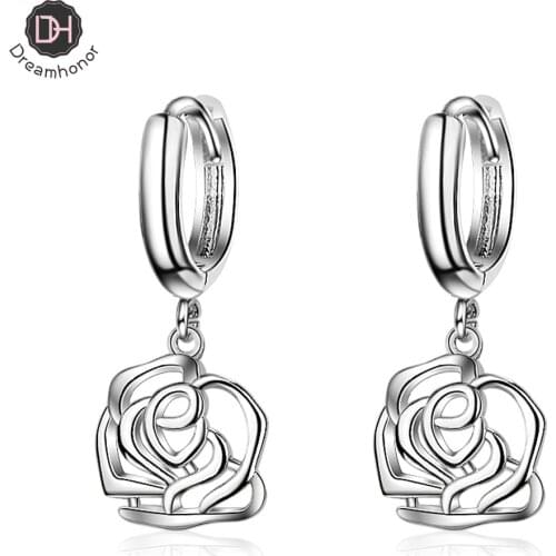 Dreamhonor 925 Sterling Silver Hollow Rose Flower Drop Earrings For Women Fashion Silver Long Earrings Jewelry Wholesale