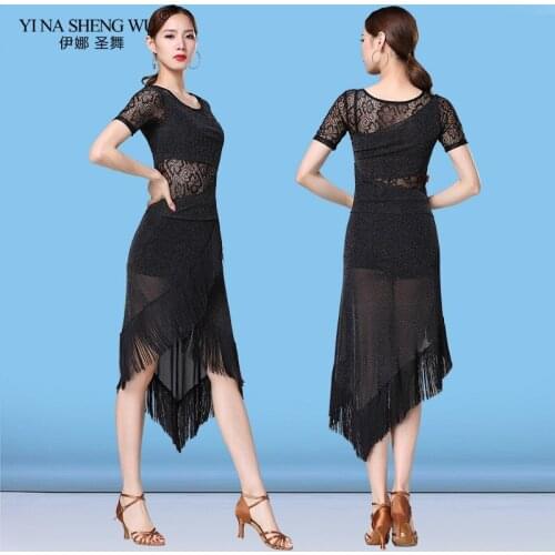 New Belly dance Dress O-neck Ballroom Dress Samba Costume Sexy Party Dresses with Tassels Lace One-piece Latin Dress For Women