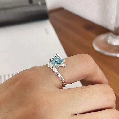Amaiyllis S925 Sterling Silver Simple Blue Zirconium Crystal Irregular Open Ring Fashion Index Finger Ring Jewelry