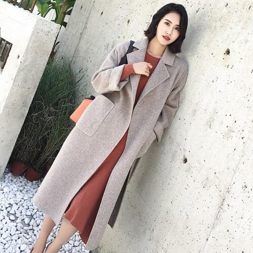 Plus size loose warm wool coat long winter trench coat adjustable belt wool blends coats lady office work wear elegant LX2511