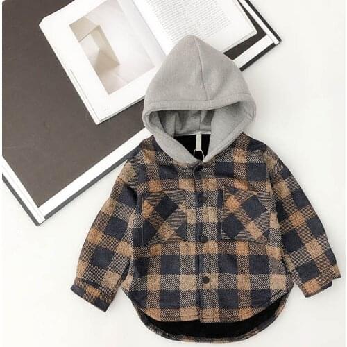Winter Plus Velvet Children Woolen Hooded Jacket Retro Plaid Casual Kids Boys Jackets Warm Thicken Boys Shirt Outwear 24M-8T