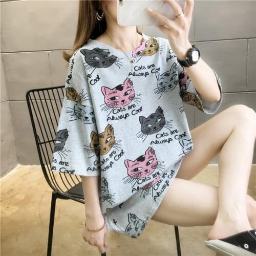#0619 Summer Cartoon Cat T Shirt Women Short Sleeves Cotton Harajuku Long T-shirt Female Loose Casual T Shirts Femme