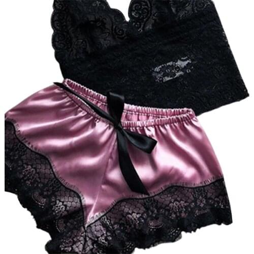 80% Hot Sale Sexy Bra Women Lace Bralette Sexy Women Lace Ultra-Thin Tube Top Bra Short Pants Sleepwear Pajamas Set For Home