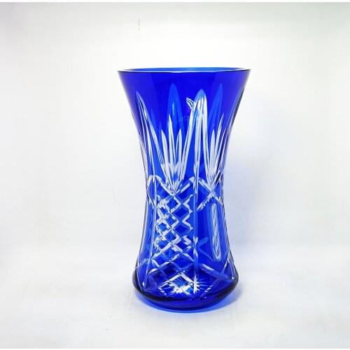 Bohemian Czech Glass Elegant Cobalt Blue Cut To Clear Crystal Art Deco Flower Vase