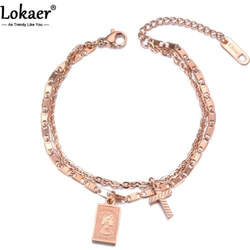 Lokaer Double Layers Retro Cross Tag Charm Bracelet Elizabeth Coin Jewelry Titanium Steel Chain & Link Womens Bracelet B19043