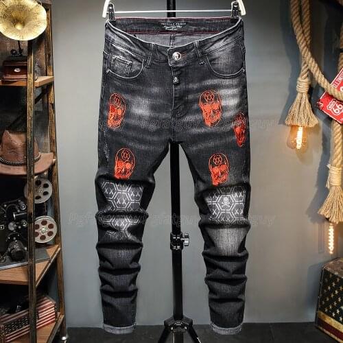 Mens Black Jeans Streetwear Fashion Trousers Embroidery Skull Stretch Denim Biker Jeans High Quality Male Casual Designer