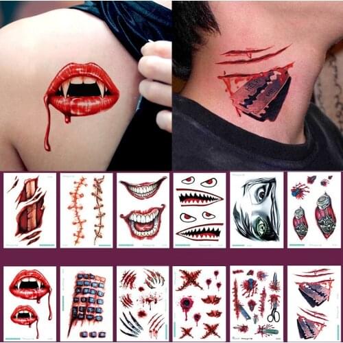 Halloween Tattoo Sticker Face Decoration Horror Fake Tattoo Wound Scar Sewing Needle Bite Teeth Waterproof Lasting