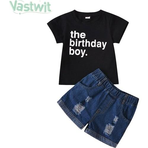 Summer Toddler Boy Clothes Set Baby Denim Outfit 2Pcs Birthday Boy Funny Letter Print Top Shirt+Ripped Jean Shorts Birthday Wear