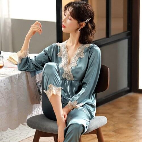 Trouser Suits Silk Sleepwear Set Spring And Autumn Elegant New Ice Silk Lace Sexy V-Neck Suit Summer Clothes For Women Pijama