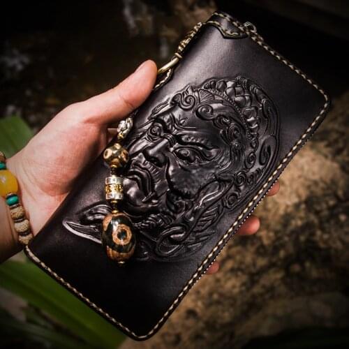 Handmade Wallets Hand Carving Zipper Black Brown Purses Women Men Long Clutch Vegetable Tanned Leather Card Holder Gift