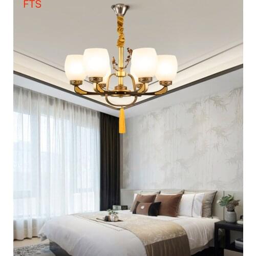 Chinese style chandelier simple dining room lamp villa duplex building retro living room home glass shade chandelier