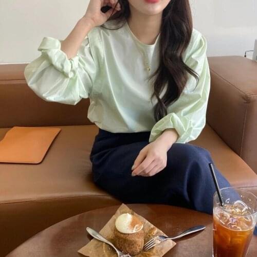 Girls Minimalist Green Tops Women Chic Streetwear Delicate All Match Solid Elegant Shirts