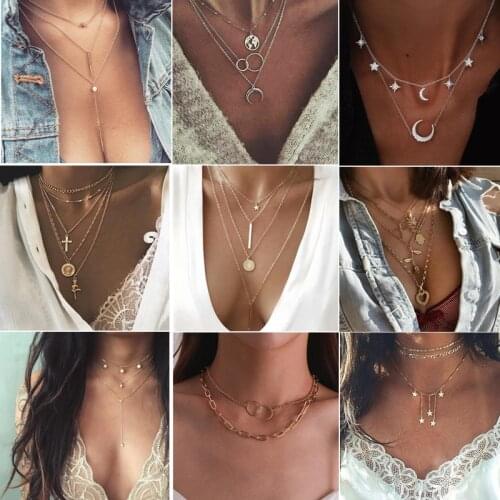 Gold Silver Color Bohemian Style Multi-layer Chain Necklace Star Moon Cross Coin Pendant Long Necklace Women Jewelry Collares