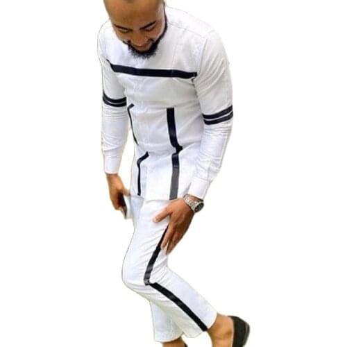 Black Stripes Decorated Senator Style Men Suits 2020 African Fashion White Patchwork Design Shirts+Trousers For Party