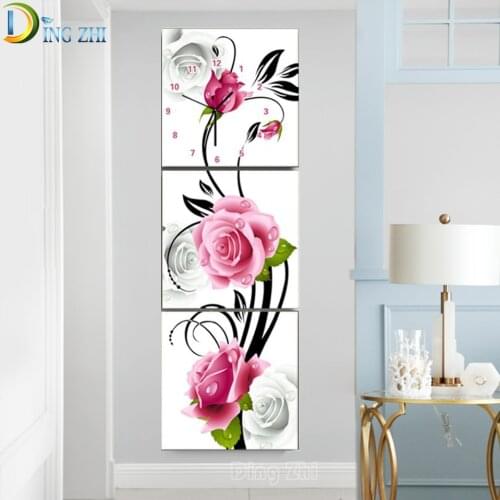 3 Pieces "Pink Rose, Clock" Hallway Wall Art Diamond Paintings Full Square/Round Triptych Diamond Embroidery Modern Simplicity