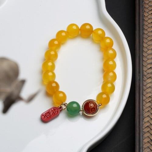 Natural Stone Yellow Red Agate Golden Bead Cinnabar Bracelet Vintage Charm Round Chain Chinese Style Jewelry For Women Friend