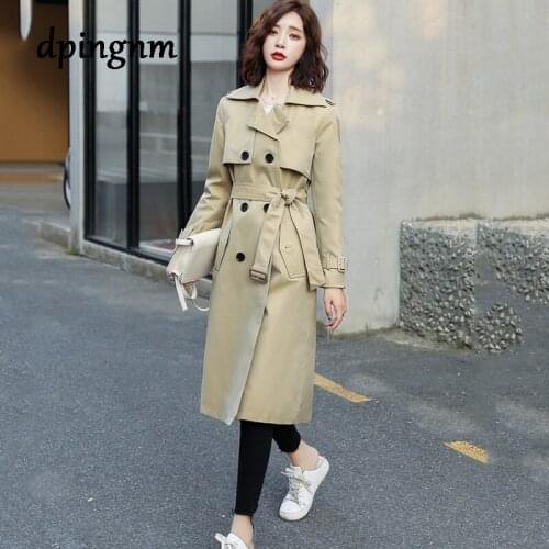 Autumn Winter Womens Coat black Belt Long Trench Turn-Down Collar Double Breasted Female Casual Office Lady Outwear