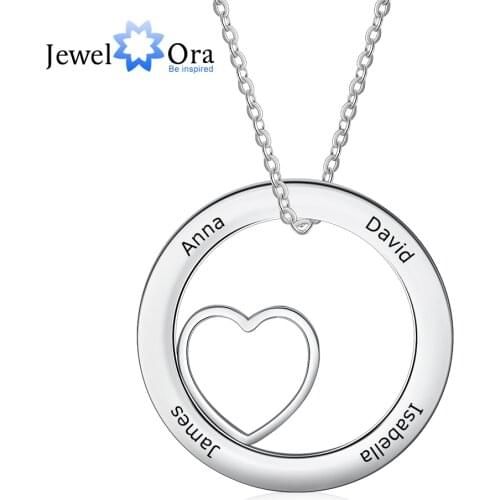 Personalized Round Heart Necklace with 4 Names Customized Circle Engraved Necklace Christmas Gift for Women (JewelOra NE103284)
