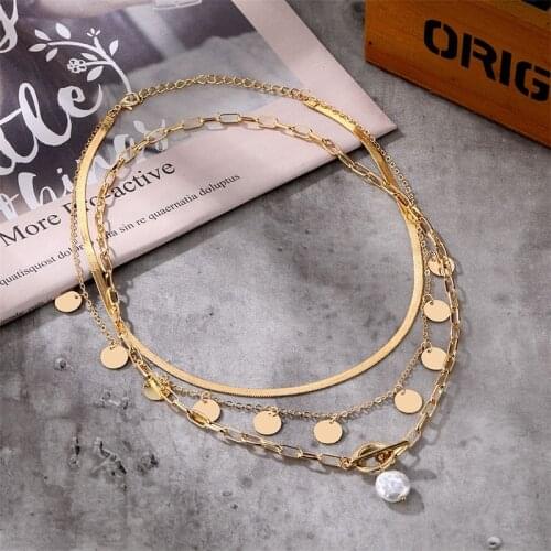 Bohemian Cuban Flat Chain Aluminum Chain Pearl Pendant Multilayer OT Necklace for Women Gold Color Pendant Necklaces Jewelry