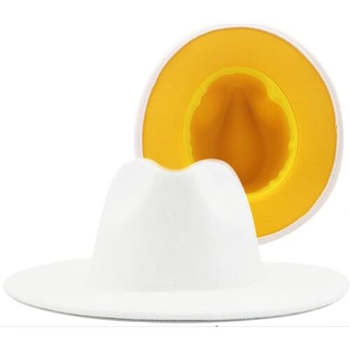 New Outer white Inner yellow Wool Felt Jazz Fedora Hats with Thin Belt Buckle Men Women Wide Brim Panama Trilby Cap 56-58CM