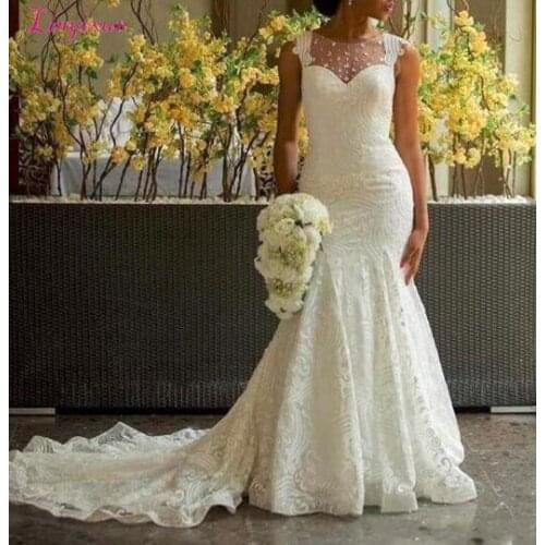 African Mermaid Wedding Dresses Illusion Neckline Country Bridal Gowns Nigerian Lace Covered Button Back Sexy Lace Wedding Dress