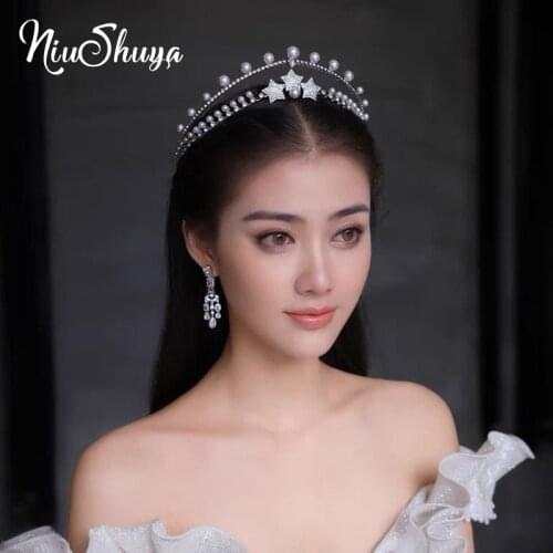 NiuShuya Baroque Star Princess Crown Rhinestone Tiara Bridal Pearl Wedding Headdress Handmade Crystal Hair Accessories