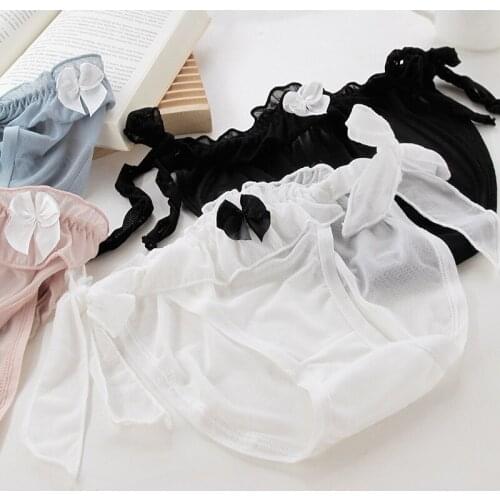 Japanese Lovely Maid Mesh Lace Up Underwear Womens Side Strap Middle Waist Lolita Lace Bow Thin Shorts