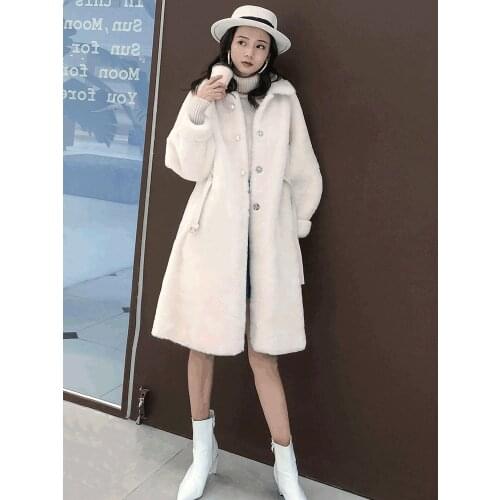 MENINA BONITA Real Natural Merino Sheep Double-faced Fur Coat Winter Jacket Women Belt Mink Fur Collar Genuine Leather Outerwear