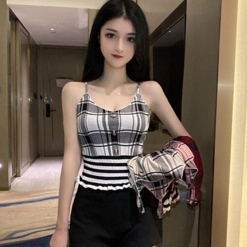 Women Plaid Tank Tops Summer Causal Ladies Vintage Waisted Elegant V-Neck Sleeveless Sling Vest 2021