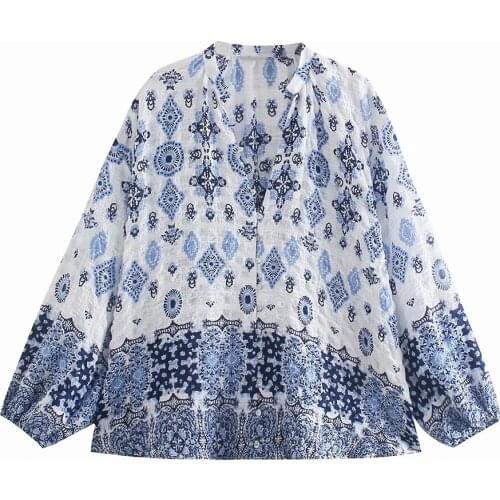 XIKOM 2021 Summer Women Vintage Bohemia Print Single Breasted Shirt Female V Neck Streetwear Shirts Ladies Casual Thin Chic Top