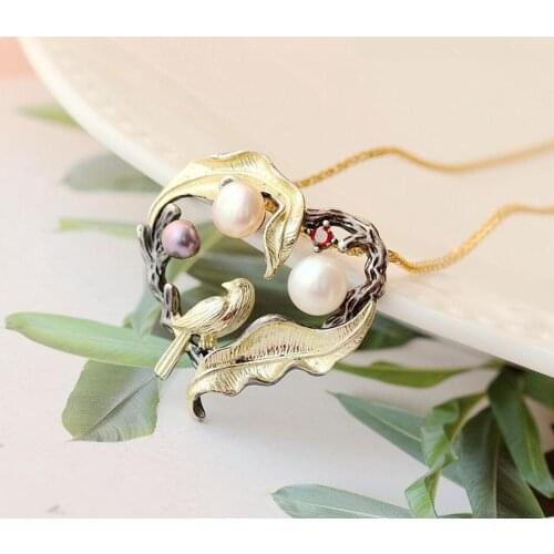 925 Sterling Heart Shape Leaves Bird Pearls Pendant Women A2810