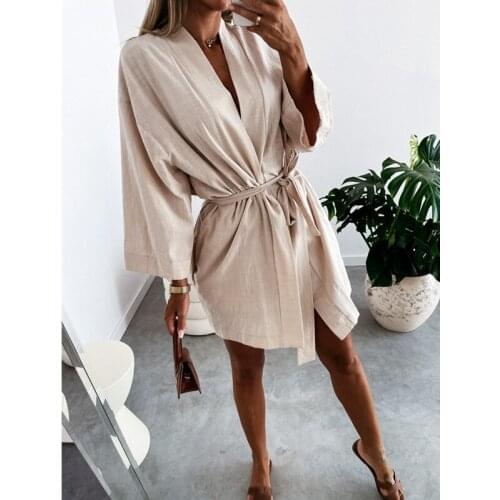 2021 Summer New Casual Women Vestidos Long Sleeve Bandage Short Dresses Solid Color Comfortable Shirt Dress With Free Shipping
