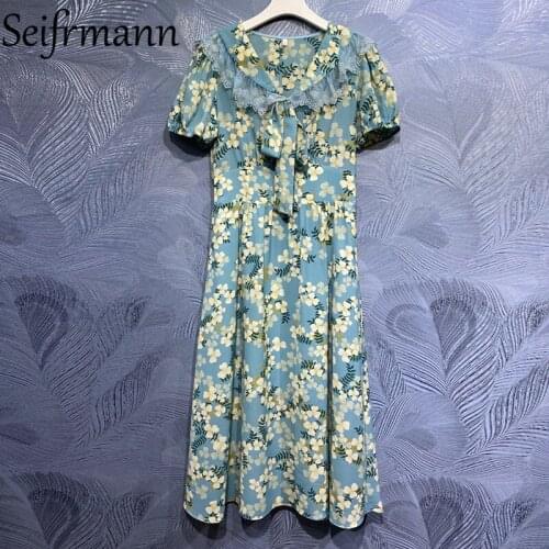 Seifrmann New 2021 Summer Women Fashion Designer Party Midi Dress Lantern Sleeve Lace Bow High Waist Floral Print A-Line Dresses
