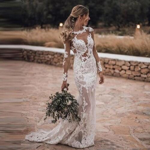 Sexy Backless Illusion Lace With Beadings Mermaid Wedding Dresses Long Sleeve vestidos de novia baratos Wedding Gown 2020
