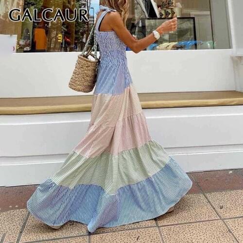 GALCAUR Ruched Hit Color Dress For Women Square Collar Sleeveless High Waist Lace Up A Line Maxi Dresses Females Summer 2021 New