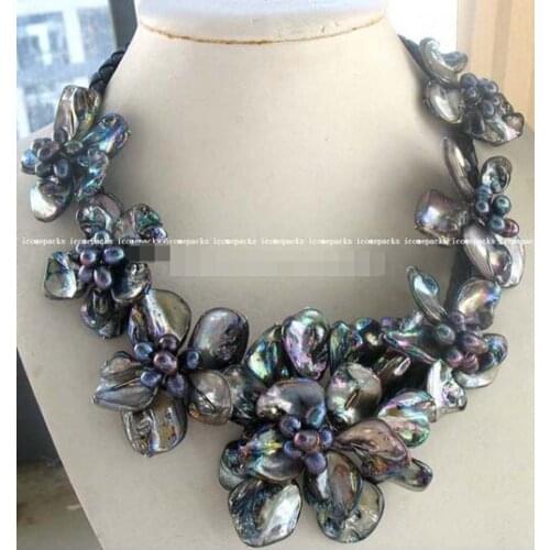 1549 freshwater pearl sea shell flower black 18." necklace