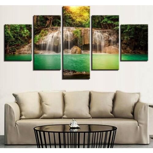No Framed Canvas 5 Pcs Awesome Waterfalls Relax Green Jungle Home Decor for Living Room Decoration
